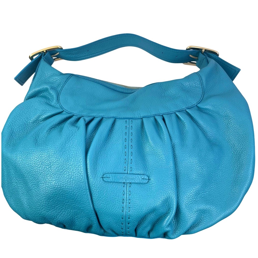 Cole‎ Haan Ruched Hobo Peacock Blue Turquoise soft pebbled leather Shoulder Bag